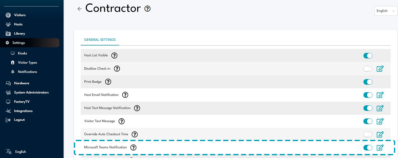 Showing how to turn on Teams notifications for a visitor type.